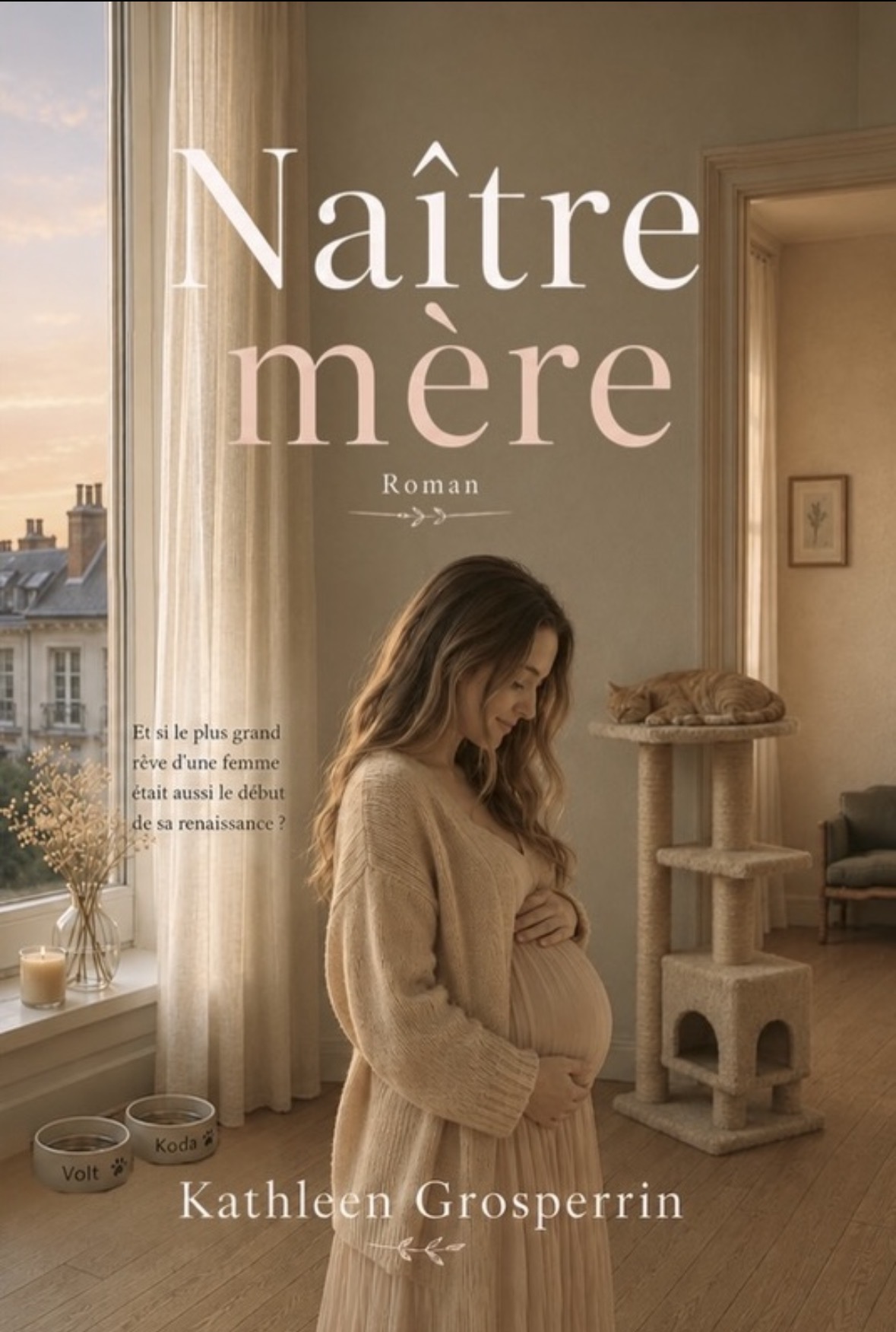 Couverture de Naître mère, roman de Kathleen Grosperrin : une femme enceinte dans la lumière douce d’une fenêtre.